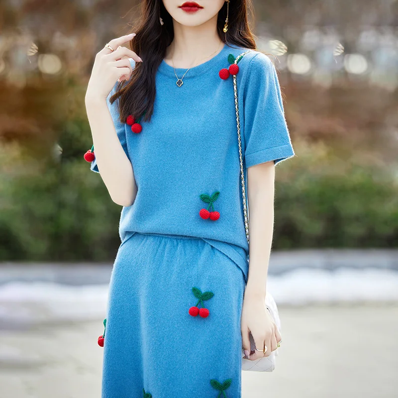 High-End Pure Wool Sweater Short Sleeve Skirt Women\'s Set Korean Version Kawaii Cherry Jumper + Skirt Spring Knit Two-Piece Set