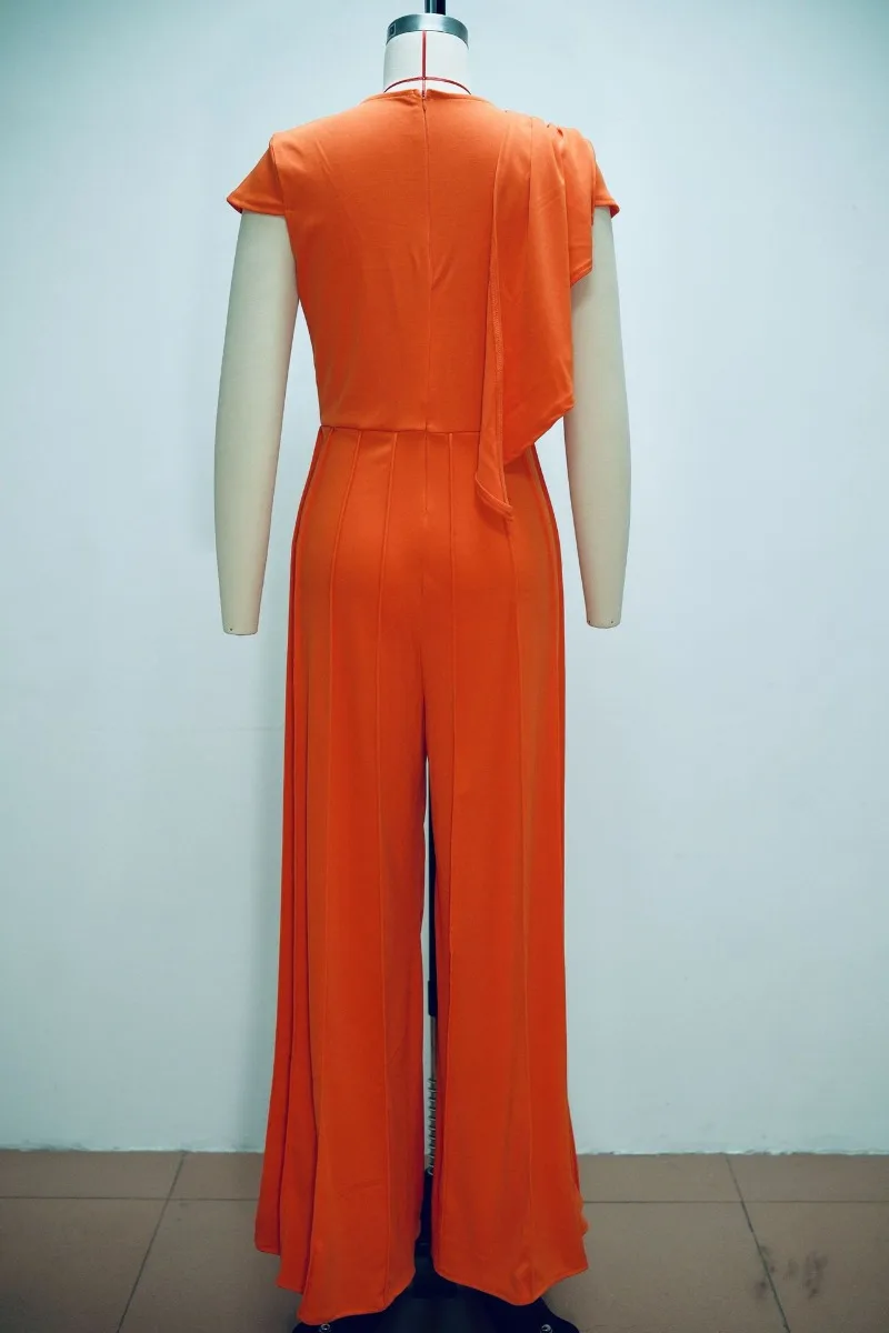 2026 Afrikanischer Damen-Jumpsuit in Orange, elegant, V-Ausschnitt, geraffte Schulterpartie, hohe Taille, vertikale Naht, weites Bein, Party-Langoverall – Detail 4