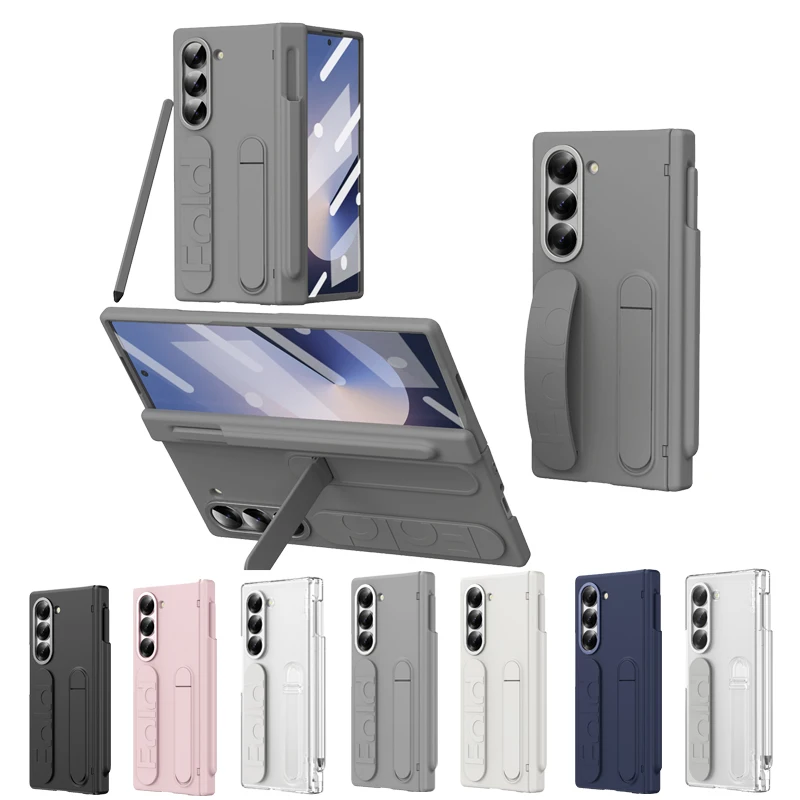

With Hinge Connection Case For Samsung Galaxy Z Fold 7 6 5 3 4 With Touch Pen & Built-in Screen Protector Wrist Strap Fold Stand