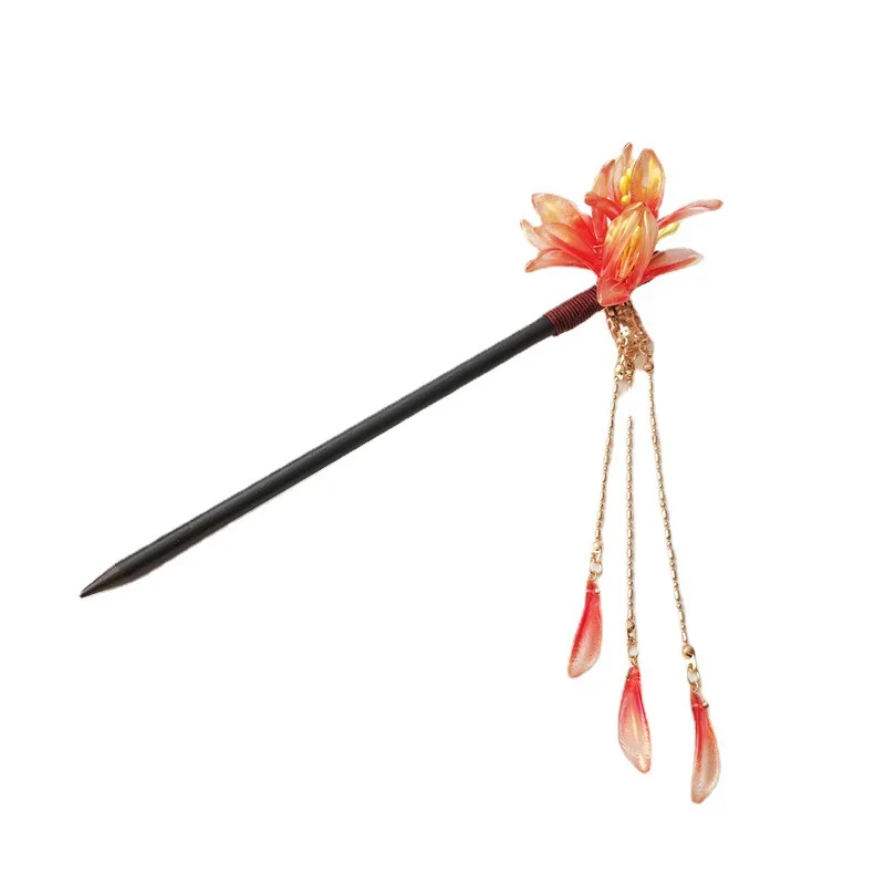 Fiore nappa tornante cinese Hanfu accessori per capelli rosso floreale frangia di legno Hair Stick Vintage Cosplay Party Hair Bun Jewelry