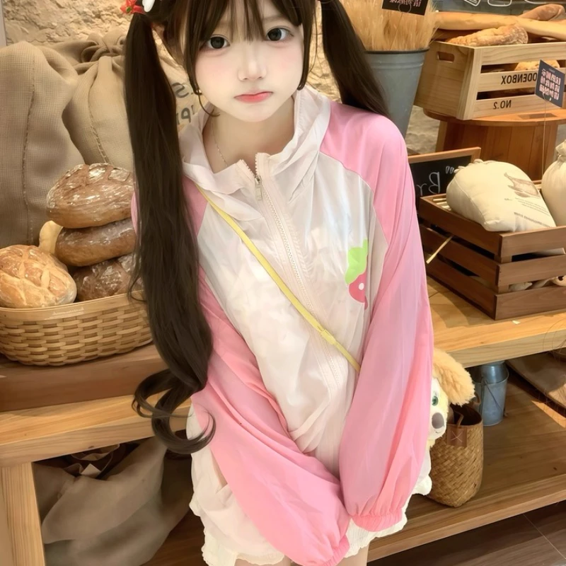 Japanese Fruit Print Hooded Women's Jacket Spring Summer Autumn Sweet Cute Breathable Color Block Sun Protection Coat Ladies