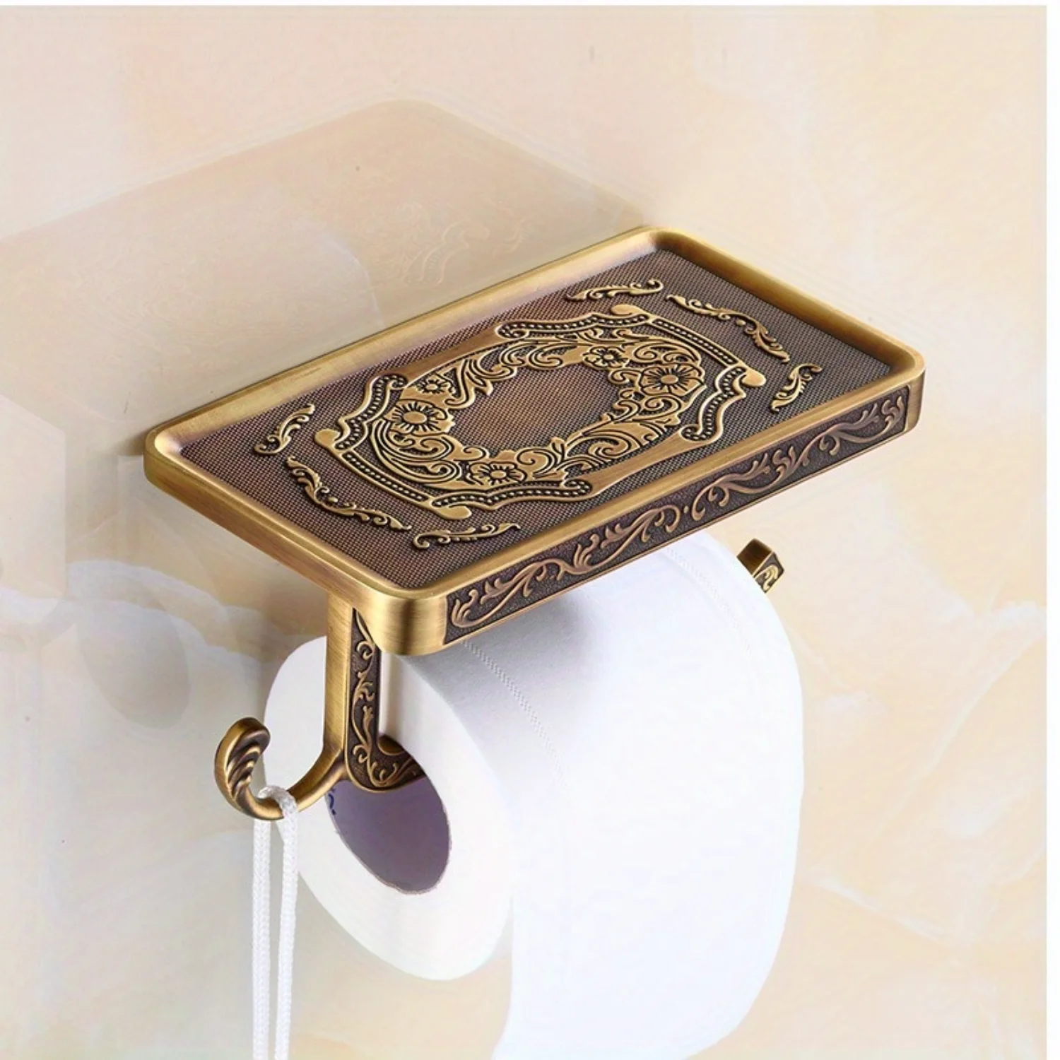 Antique Brass Roll Tissue Holder with Shelf – Elegant Wall-Hanging Vintage Toilet Paper Dispenser with Self-Adhesive Mount –