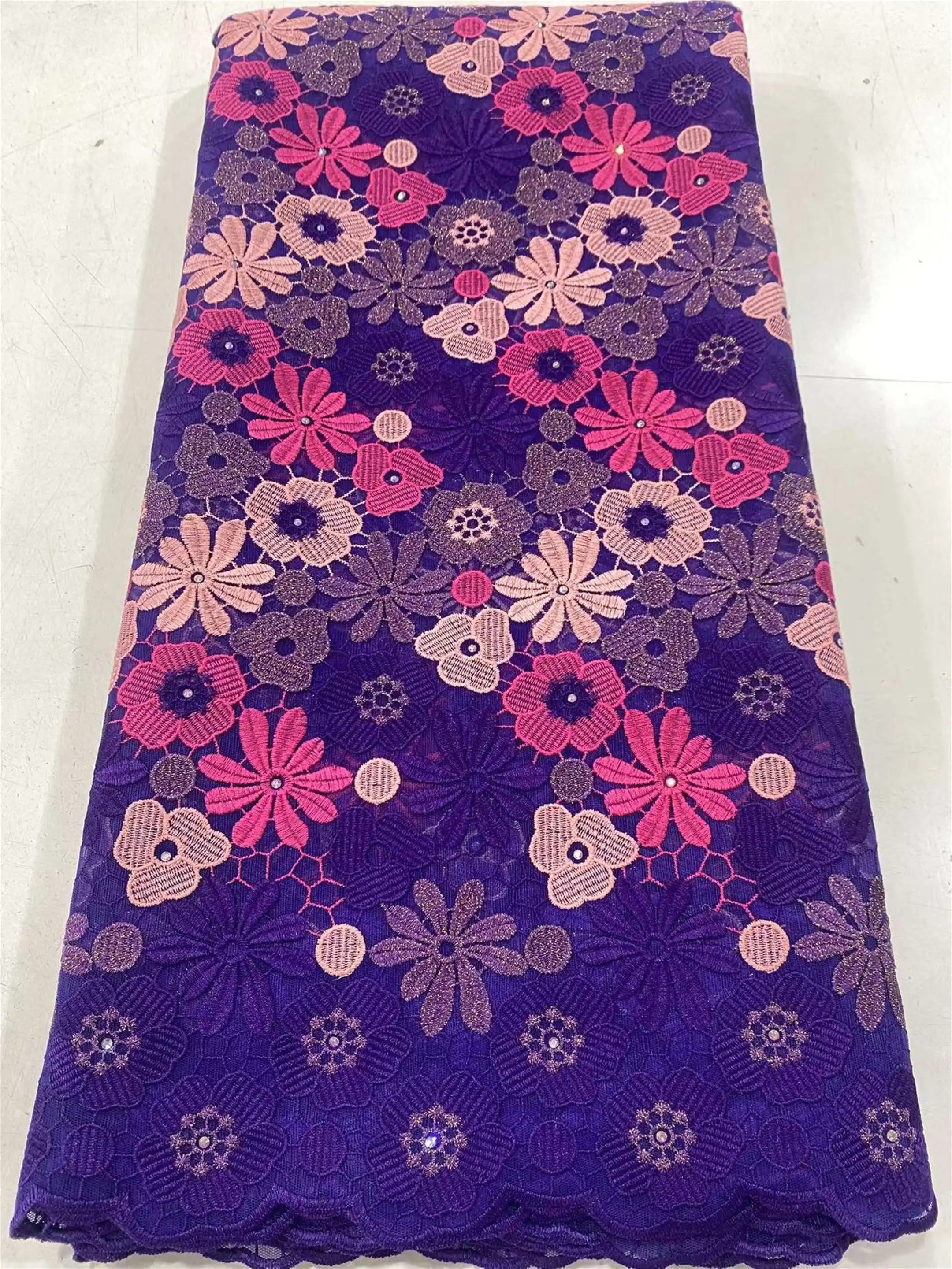 High Grade Latest Swiss Voile Lace With Stone Nigerian Lace Fabric 5 Yards African Embroidery Fabric For Party Dress 5Yar M731-1
