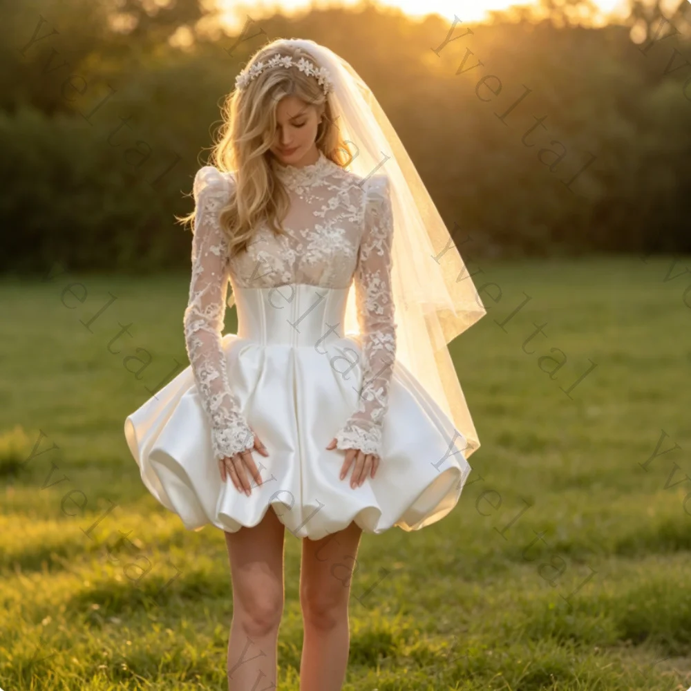 Customized Elegant Charming Temperament  Lace Long Sleeve Open Back Mini Wedding Dresses High Neck Corset Bubble Hem Bridal Gown