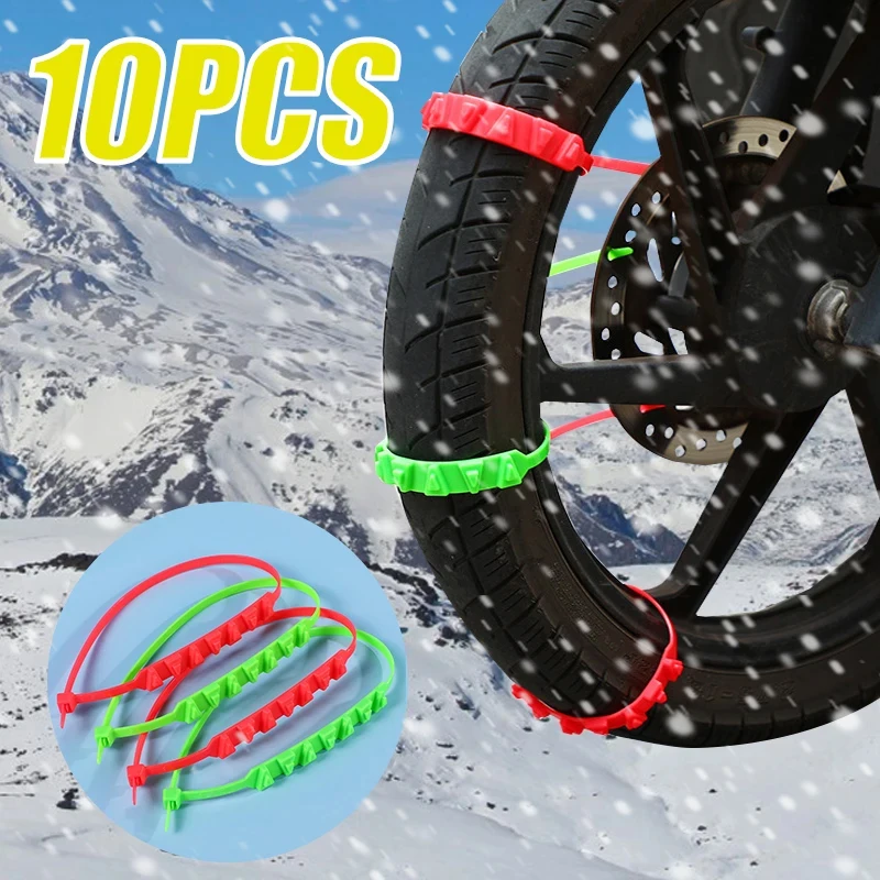 10pcs Winter Anti-Skid Snow Chains for Motorcycles BicyclesTire Wheels Non-slip Cable Ties Motorbike Emergency Tire Chain Tool