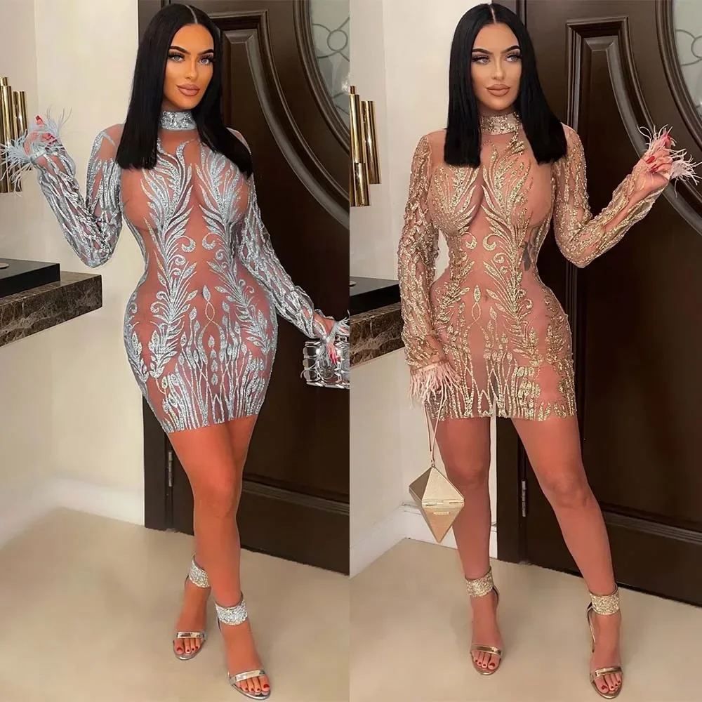 

Sequin Mini Feather Dress Lady Party Bodycon Evening Dresses 2024 Women Summer Clothes Elegant Luxury Mesh Gold Silver Dresses