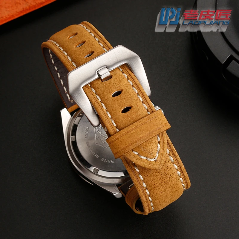 22mm Crazy Horse Leather Frosted Watch Band For Casio Swordfish mdv-106 Sea-Heart Water ghost watch series Bracelet Brown Khaki