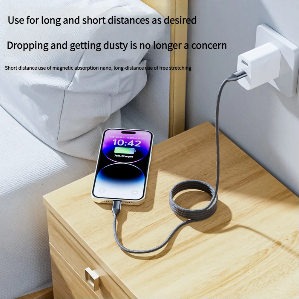 Магнитный кабель для быстрой зарядки USB-C, 240 Вт, плетеный, выдвижной, с защитой от запутывания, для ноутбука iPhone, Huawei, автомобильные дорожные аксессуары