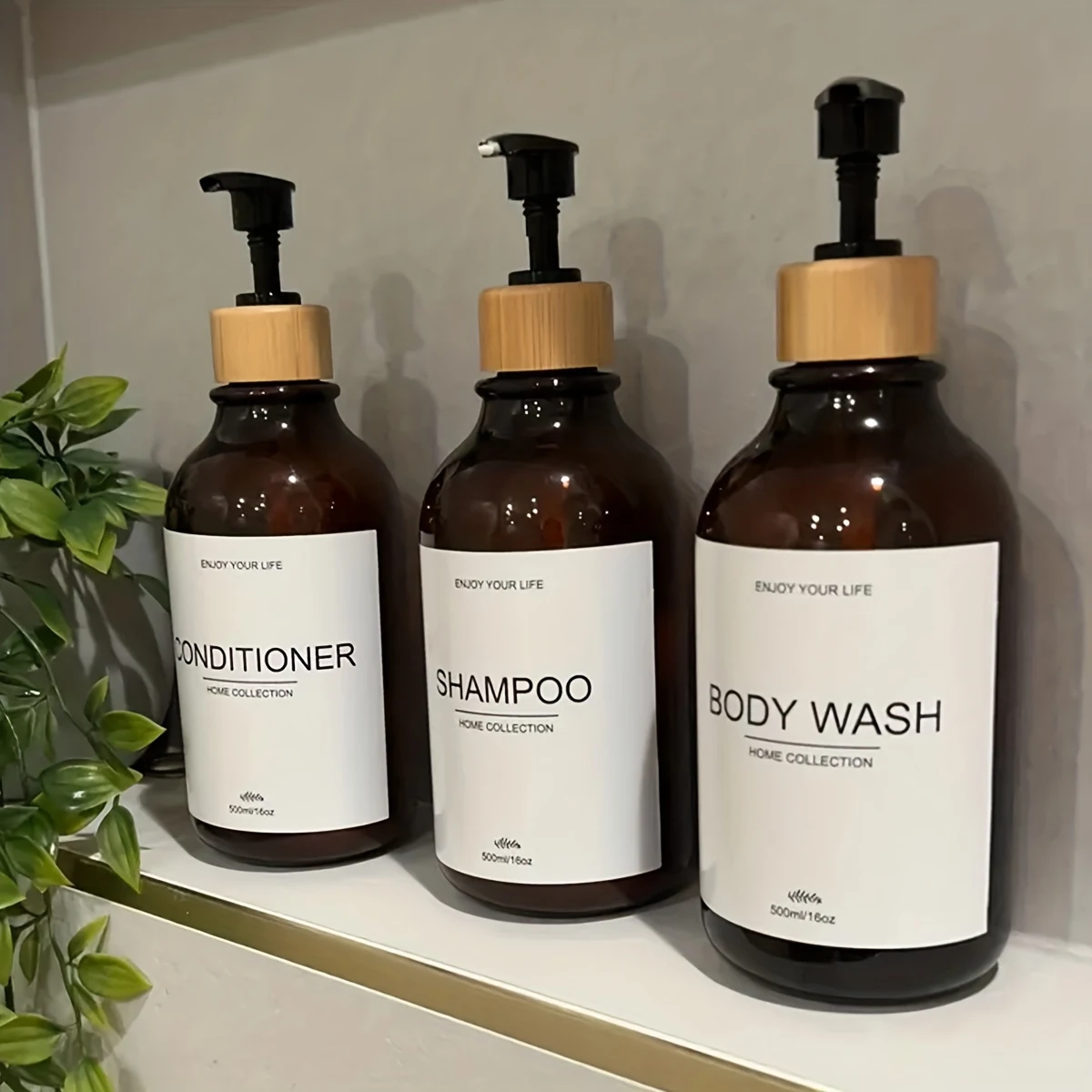 Shampoo and Conditioner Bottle Dispenser Bathroom Bamboo Pump Shower Body Wash Lotion Apothecary Container Bottles