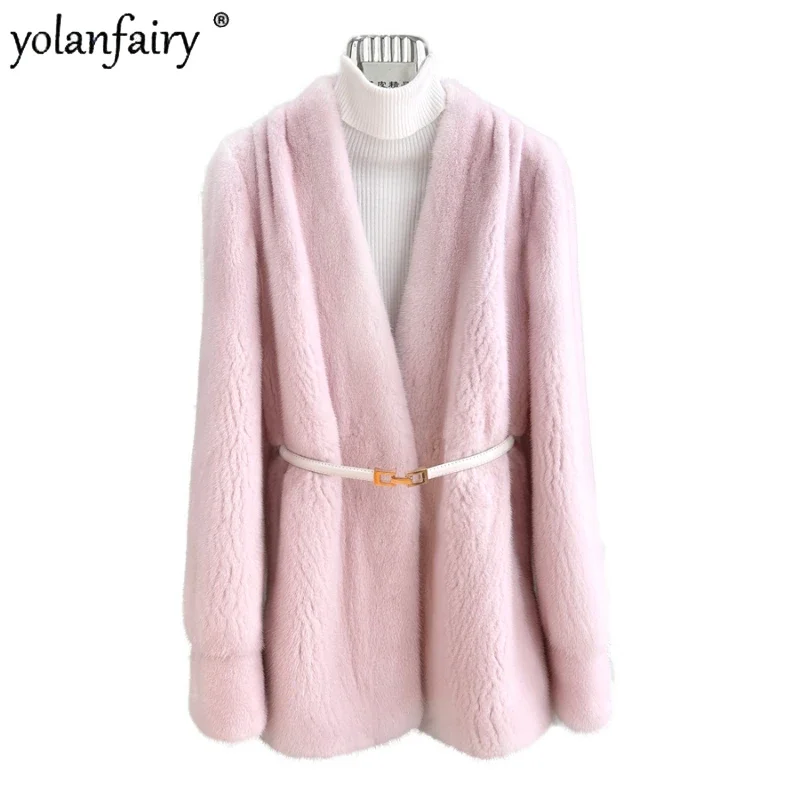 Real Fur Coat Women's Winter Jacket 2023 New Belt Medium Long Natural Mink Fur Coats Female Clothes for Women Clothing FCY5491