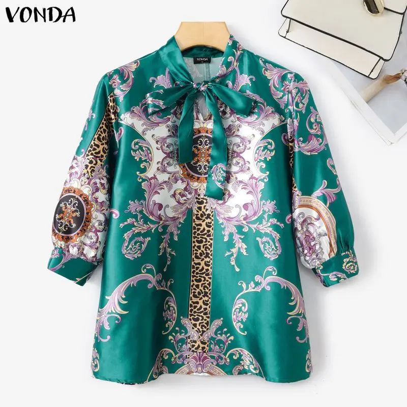 

VONDA Women Plus Size Blouses Summer Autumn Fashion Bow V Neck Floral Print OL Work Party 3/4 Sleeve Tops Streetwear Blusas