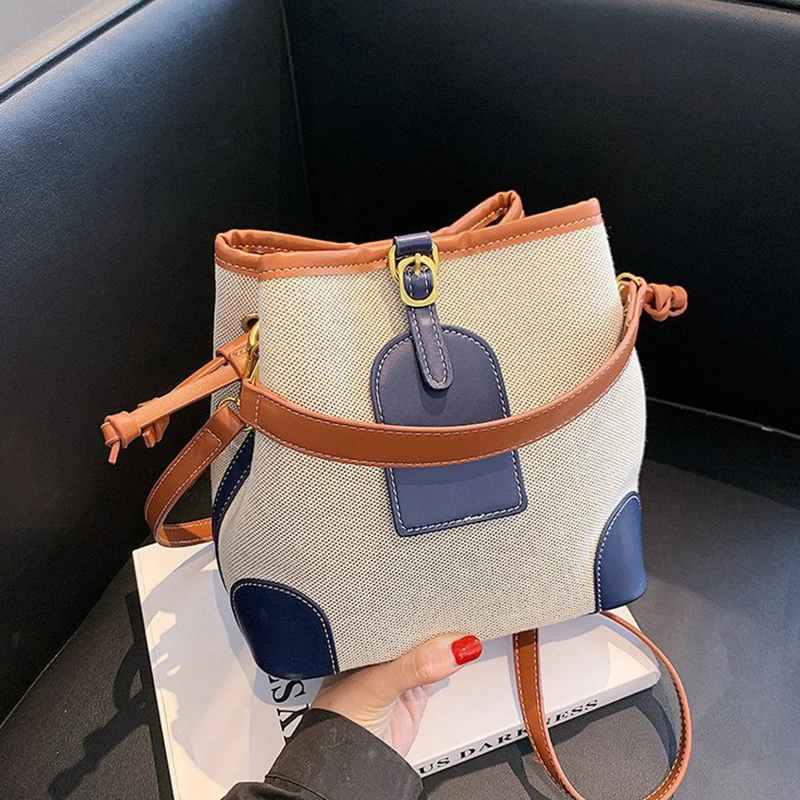 2022 new Korean style fashionable portable bucket bag trend canvas contrast texture messenger canvas bag