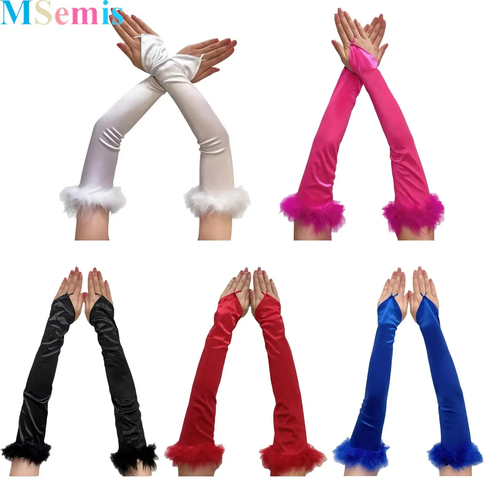 

1 Pair Elastic Elbow Length Fingerless Long Gloves Costume Glove Feathered Opera Stage Gloves for Women