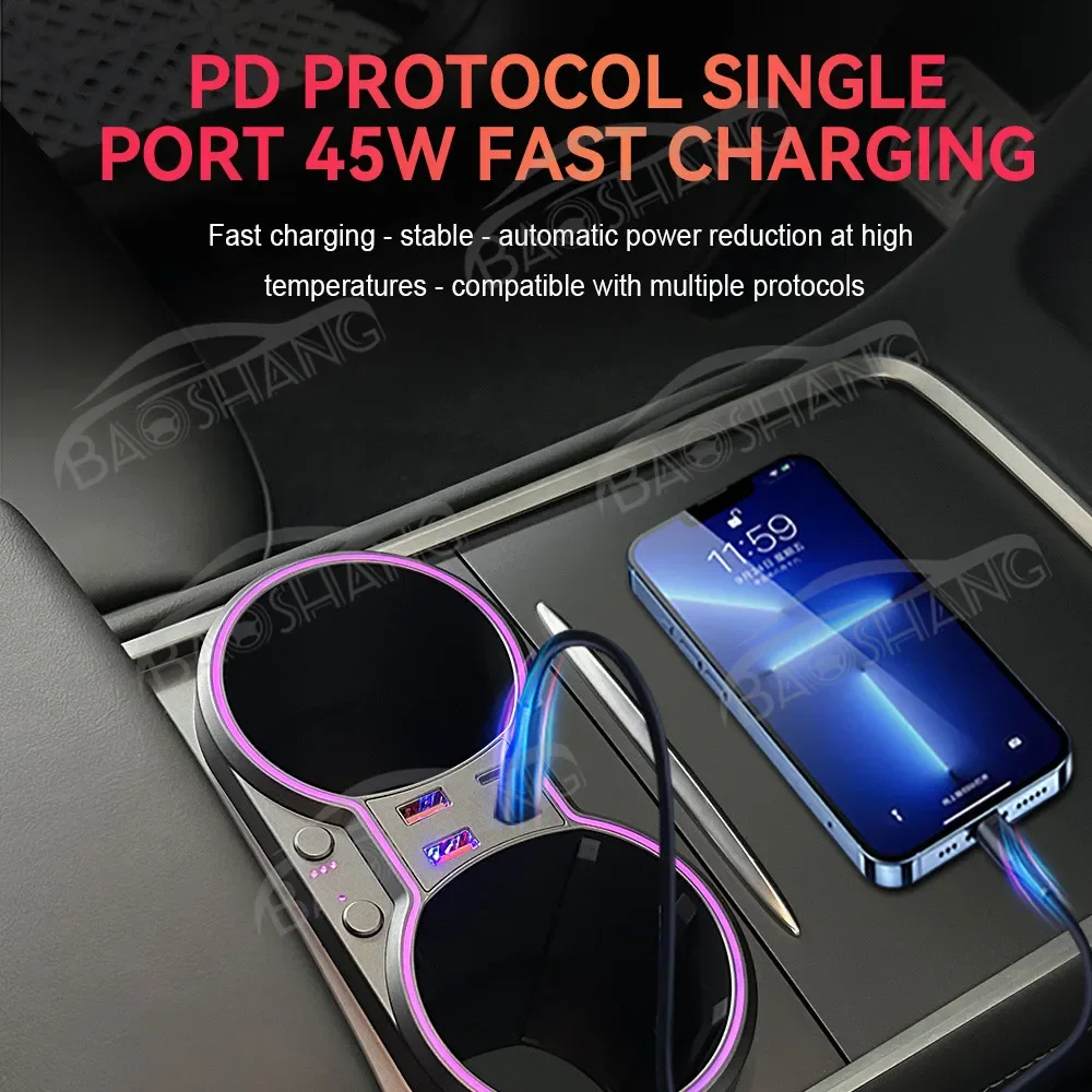 New Fast Charging USB Hub Air Fragrance Knob for Tesla Model 3 Y Car Center Console Cup Holder Multiport with RGB Light