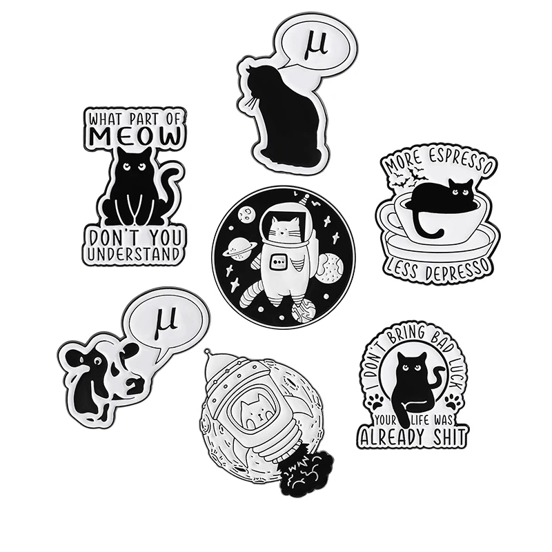 Cute Black Cat Brooch Enamel Pins I Don't Bring Bad Luck Cartoon Space Rocket Astronaut Cat Brooch Bag Lapel Badge Jewelry Gifts