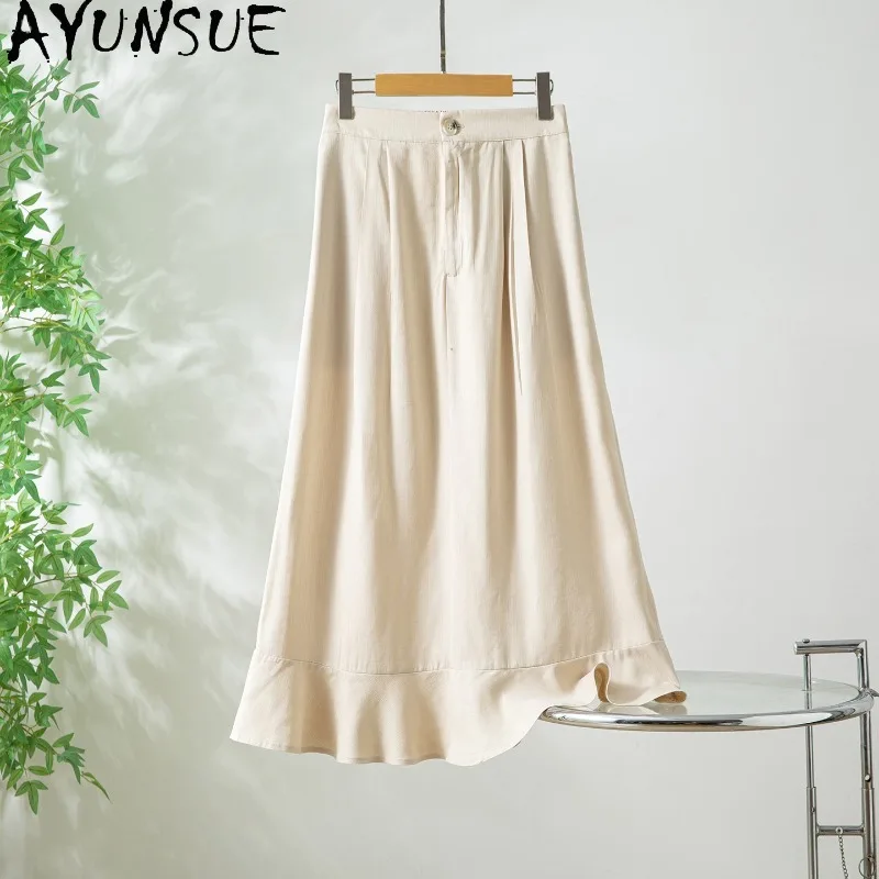 AYUNSUE 100% Silk Women's Skirts French Solid A-line Skirts for Woman Casual High Waist Summer Skirt Woman Clothes Юбка Женская