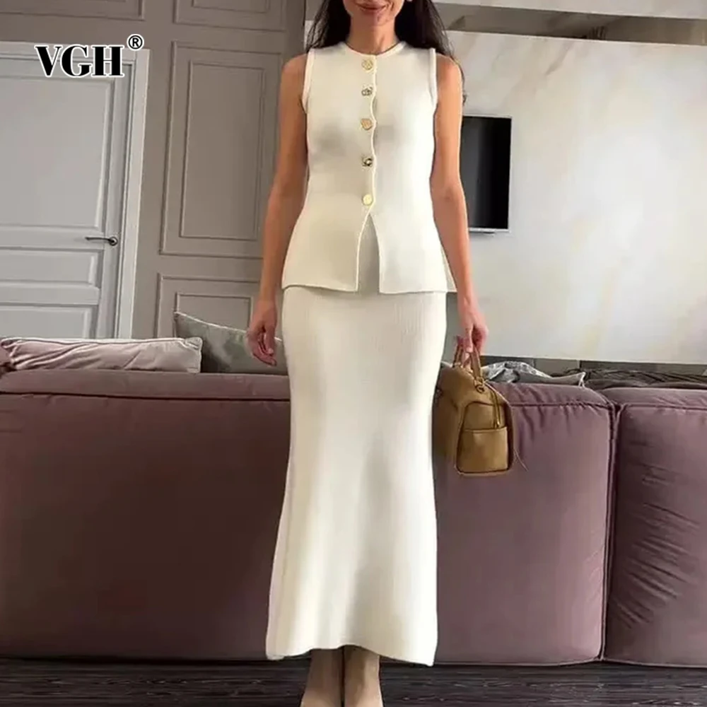 

VGH Slimming Casual Solid Two Piece Sets For Women Round Neck Sleevless Spliced Button Top High Waist Skirt Chic Set Female New