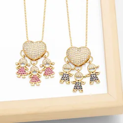 FLOLA Copper Zircon Boys and Girls Necklaces for Women Gold Plated Box Chain Figure Necklace Family Jewelry Gifts nkeb842