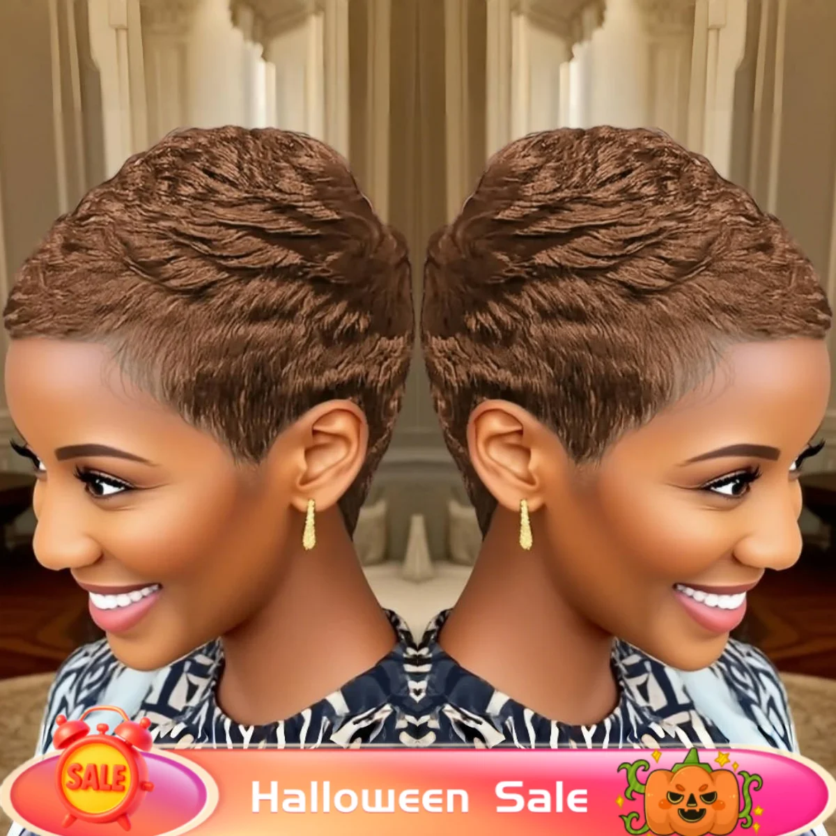 우아한 고품질 인모 레이어드 픽시컷 풀 머신 메이드 가발 여성용