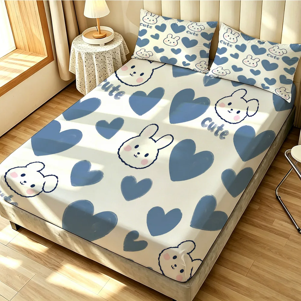 3PCS Cute Heart‑Shaped Rabbit Print Bedding Set, 1 Duvet Cover + 2 Pillowcases, No Filling, Soft Comfortable Fabric, Machine