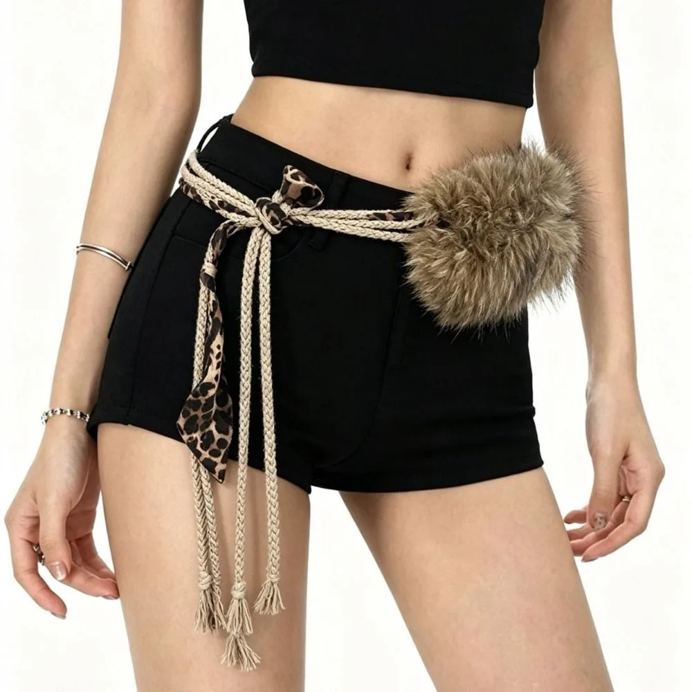 Faux Fur Leopard Print Waist Belt Fabric Decor Pom-Pom Tassel Faux Fur Rope Belt Rope Fuzzy Tassel Waist Belt Daily Outfit