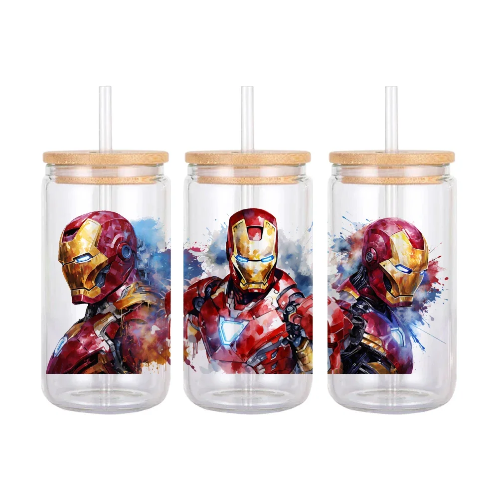 Disney Iron Man Spider Captain UV DTF Sticker For 16oz Glass Can Wrap Transfer Labels DIY Self Adhesive Custom