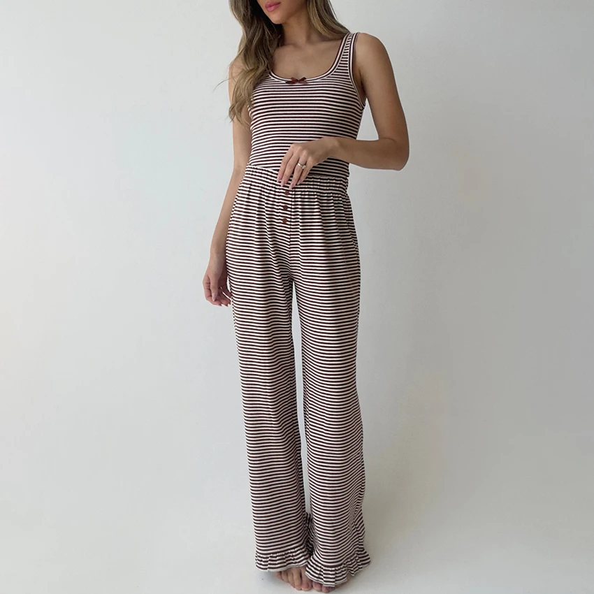 Hiloc Women Spring Striped 2 Piece Pajama Set Casual Loungewear Thin Strap Vest Bow Knot Top Elastic Waist Sleepwear 2026 New