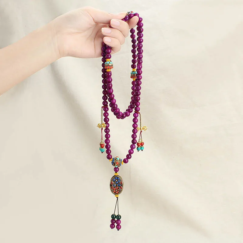 Retro Nepal Sugilite Birthday Lucky Stone Long Jade Necklace Female Tassel Crossbody Chain Ethnic Style Accessories