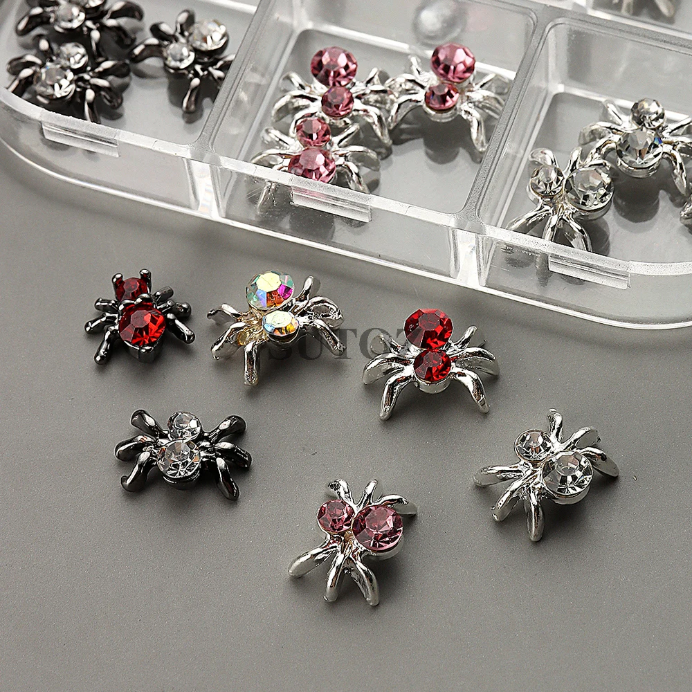 Dijes de uñas de araña 3D, decoración de Metal para Halloween, diseño de Aurora, rojo, plata, rosa, Mini remache de Metal, accesorios de manicura DIY, GL6G-ZJ