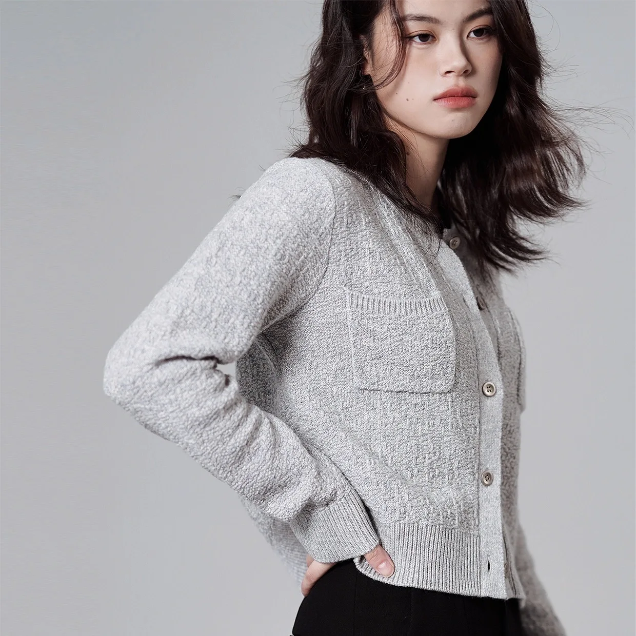 

2024 Spring and Autumn New Worsted Wool Cardigan Womens Pure Wool Crewneck Sweater Knitted Coat