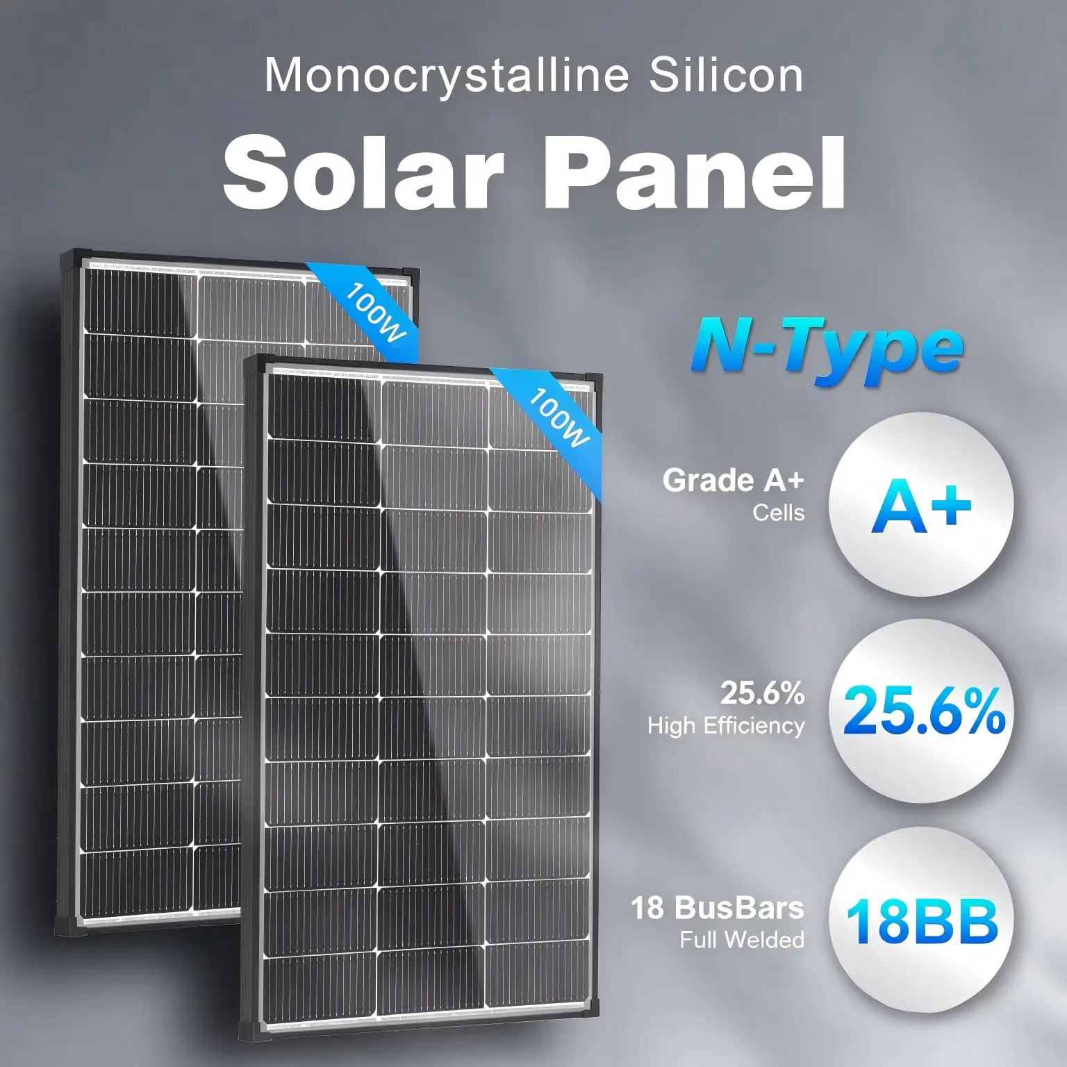 100W A+ Bifacial Solar Panel, Rigid Monocrystalline N-Type 18BB, 25.6% Conversion, IP68 Waterproof, Dual-Side Power for RV, Home,