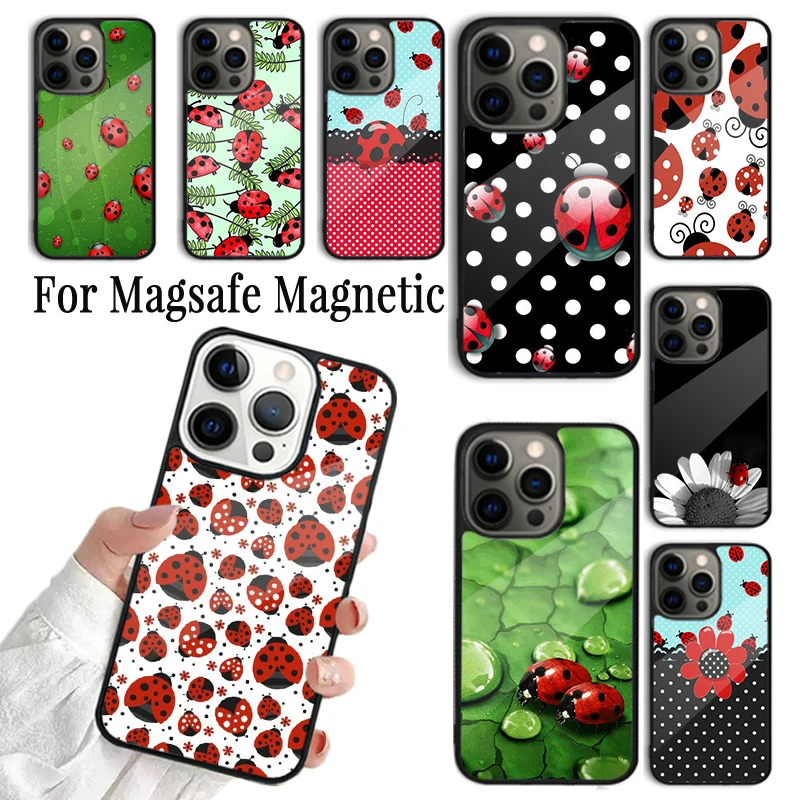 Coque Phone Case For iPhone 16 15 14 13 12 Mini 11 Pro Max Plus Magsafe Magnetic Wireless Charging Cover Lady Bugs