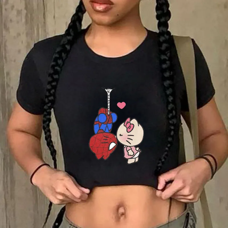

Новая одежда, укороченный топ «Hello Kitty», милая женская одежда, женская футболка, забавные женские топы с короткими рукавами для отдыха, лидер продаж, Kawaii