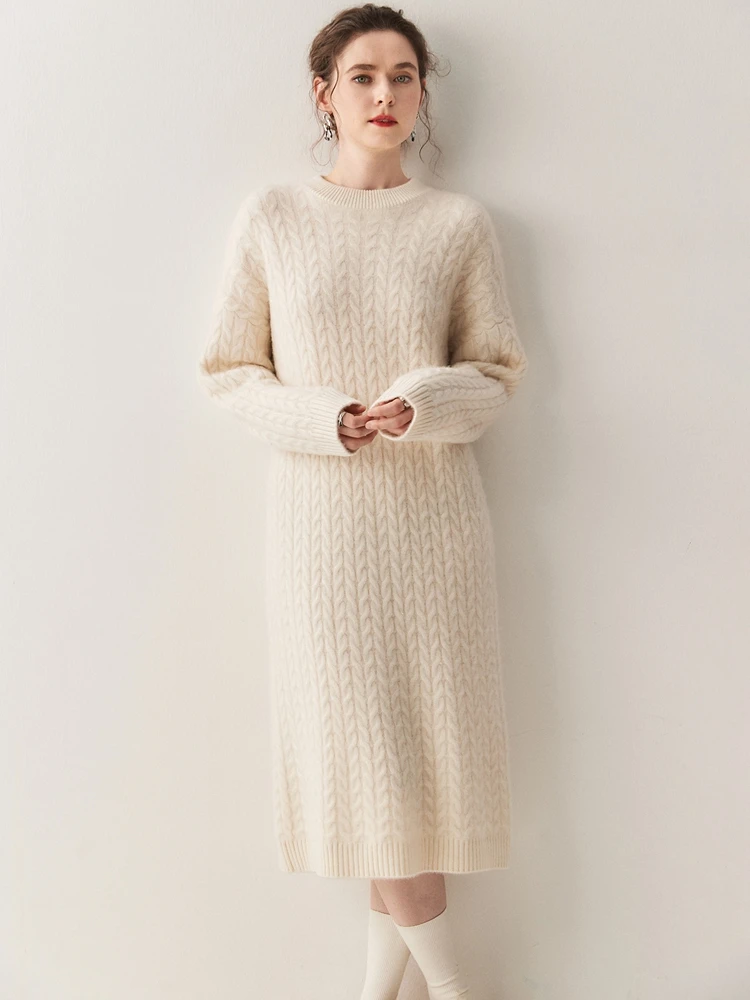 

Осенне-зимнее женское платье из 100% кашемира, элегантное прямое платье до середины икры с круглым вырезом, однотонное повседневное вязаное платье с цветочным принтом, элитное