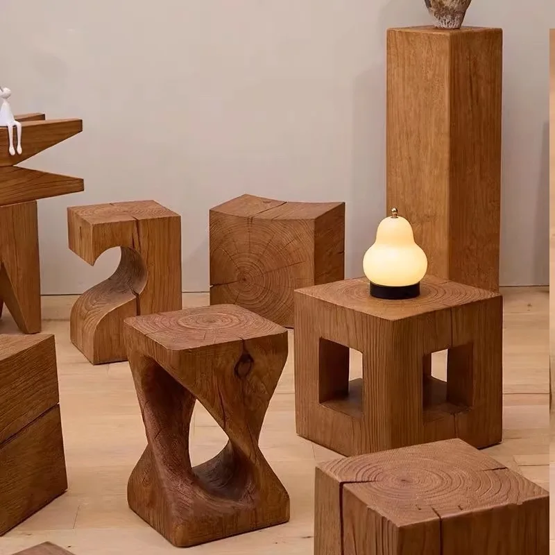 Taburete de madera, tocón, mesita de noche redonda, taburete bajo de madera maciza, algunas tocones en todos los lados