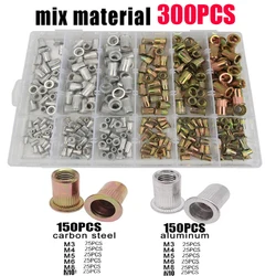 1 scatola 100/150/300 pz M3 M4 M5 M6 M8 M10 304 acciaio inossidabile acciaio al carbonio alluminio testa piatta rivetto dado Rivnut Set assortimento Kit