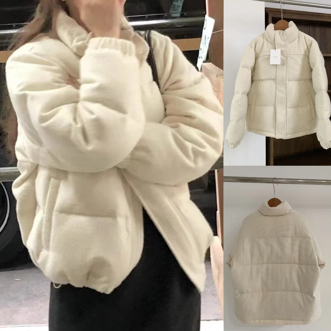 

Ounce mat Collar Woolen 90 Du down Loose Warm ort Puffer Jaet Outerwear Casual Sle No Hat Design Thiened