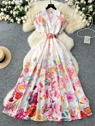 France Elegant Vintage Turn-Down Collar Evening Dress Women Print Sashes Button Long Party Dress Female Casual Holiday Clothing