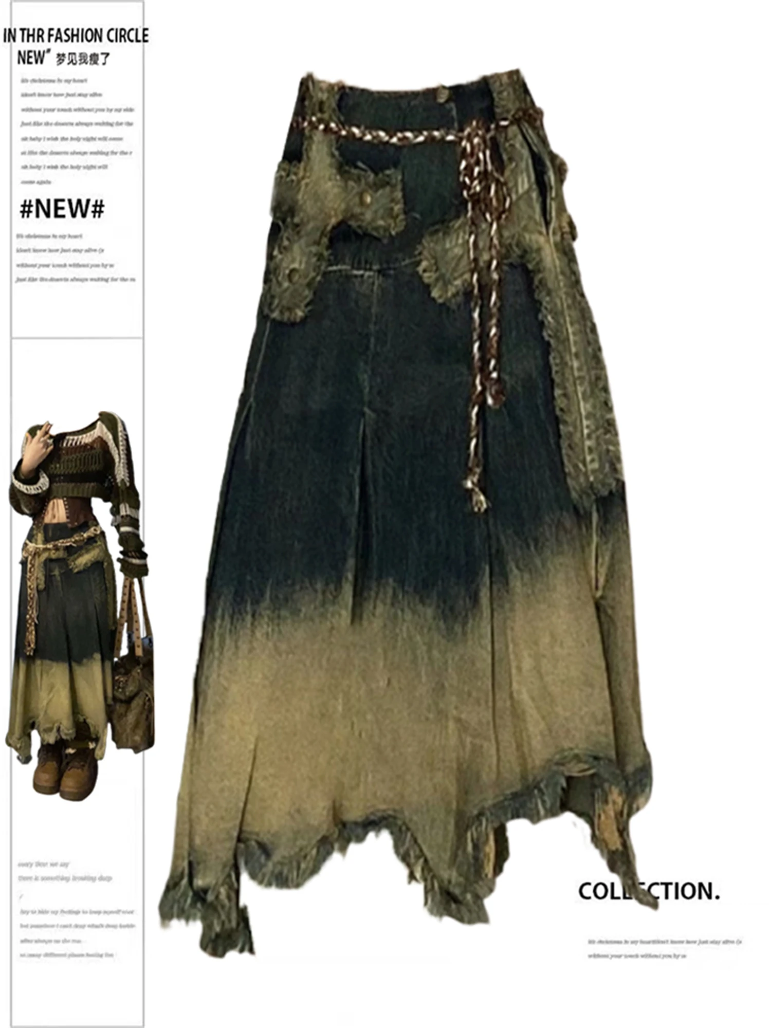 

Y2K Women's Vintage Washed Denim Midi Skirt Ombre Tie Dye Distressed Frayed Hem Patchwork Workwear Streetwear Fashion Skirt