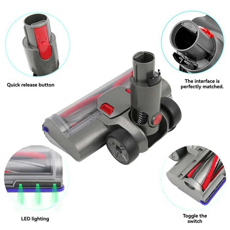 【Berserk】Для пылесоса Dyson V7V8V10V11, электрическая вакуумная головка с прямым управлением, детали головки роликовой щетки с щетиной и зеленым светодиодом