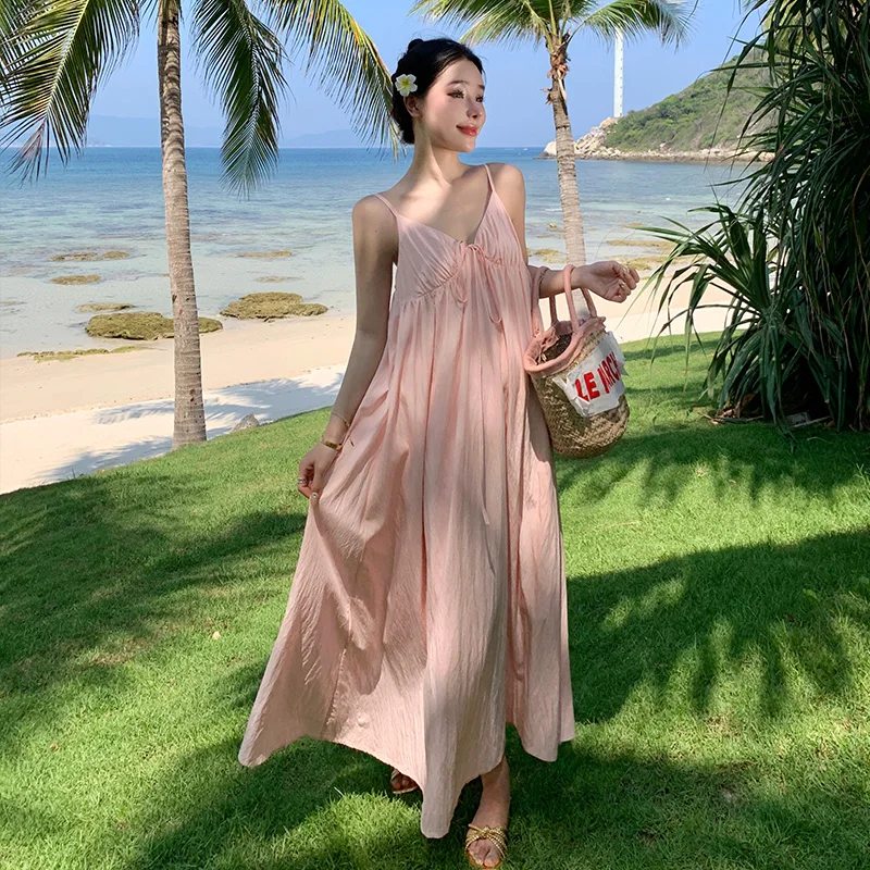Pink Strap Dress Women Summer Loose Beach Vacation Dress Long Dress