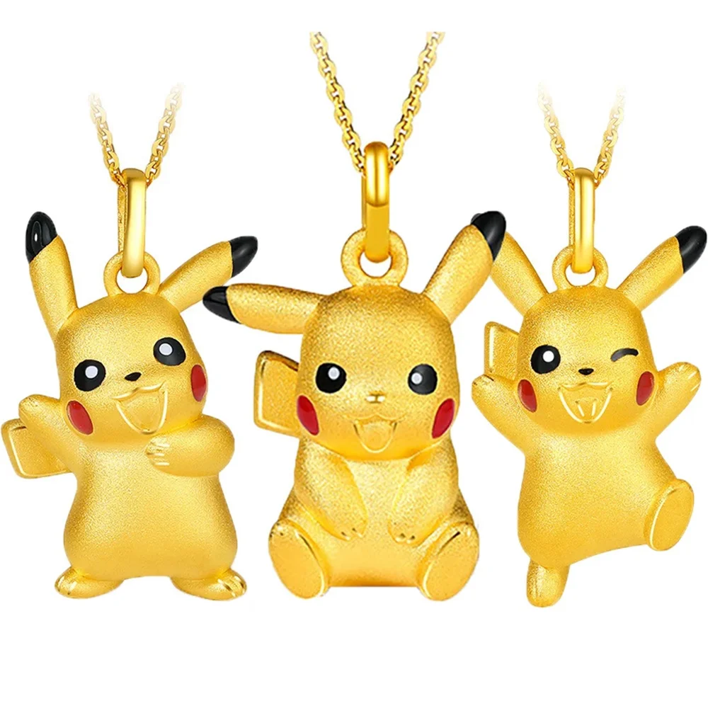 Anime Pokemon Necklace Pikachu Kawaii Gold Color Ring Pendant Necklace Cute Ring Jewelry Accessories Children Cartoon Toys Gifts