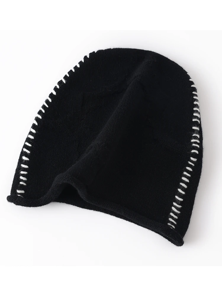 100% Cashmere Beanie with Rolled Hem Contrast Hand Stitching Textured Knit Hat Trendy Oversized Slouchy Cap Men Women Streetwear