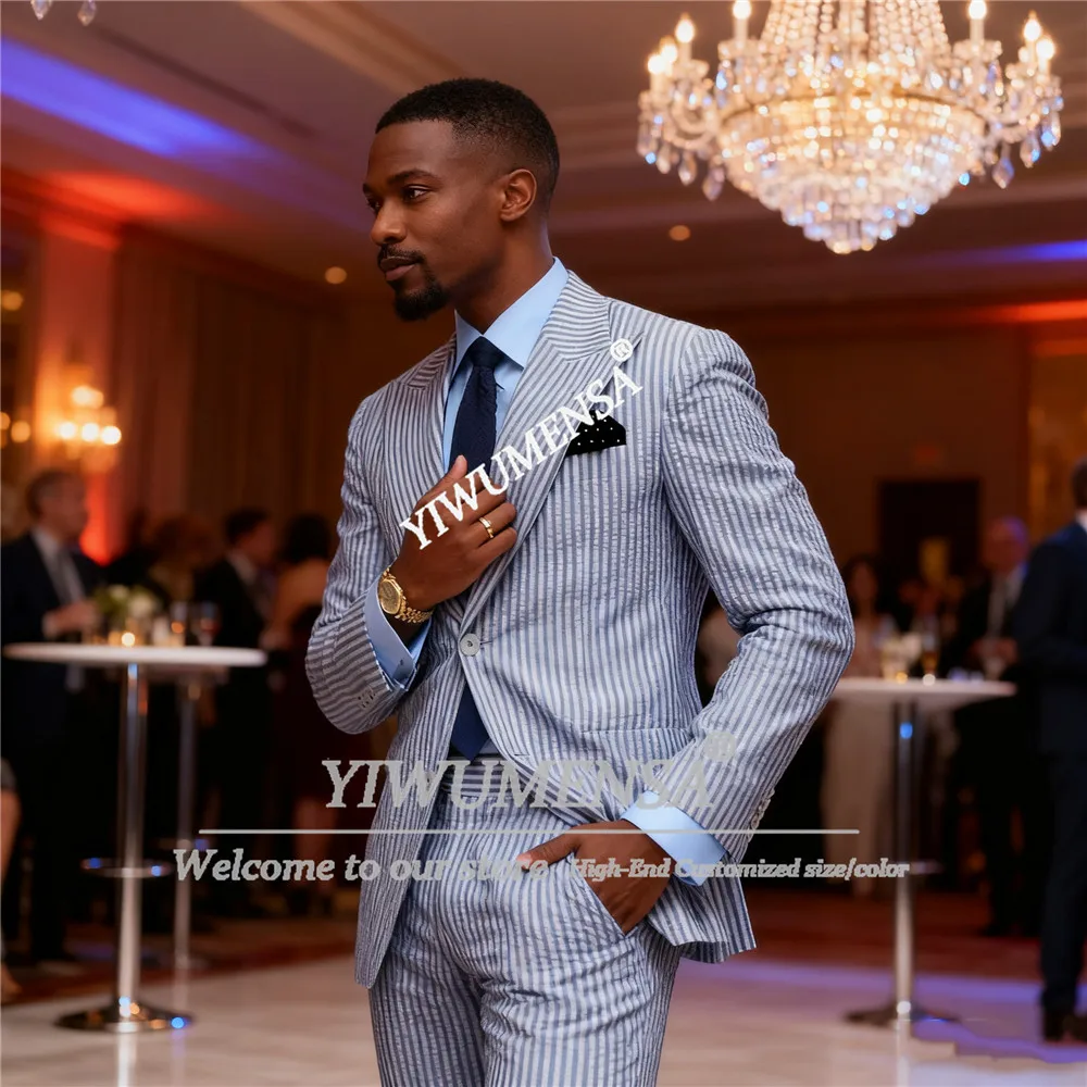 

Blue Striped Seersucker Men's Suits Summer Leisure Beach Jackets Pants 2 Pieces Formal Party Tuxedos Customized Groom Tuxedos