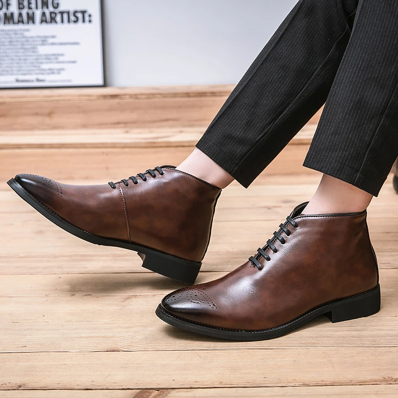 Men Perforated Detail Lace-up Front Dress Boots, Business Office Dress Shoes