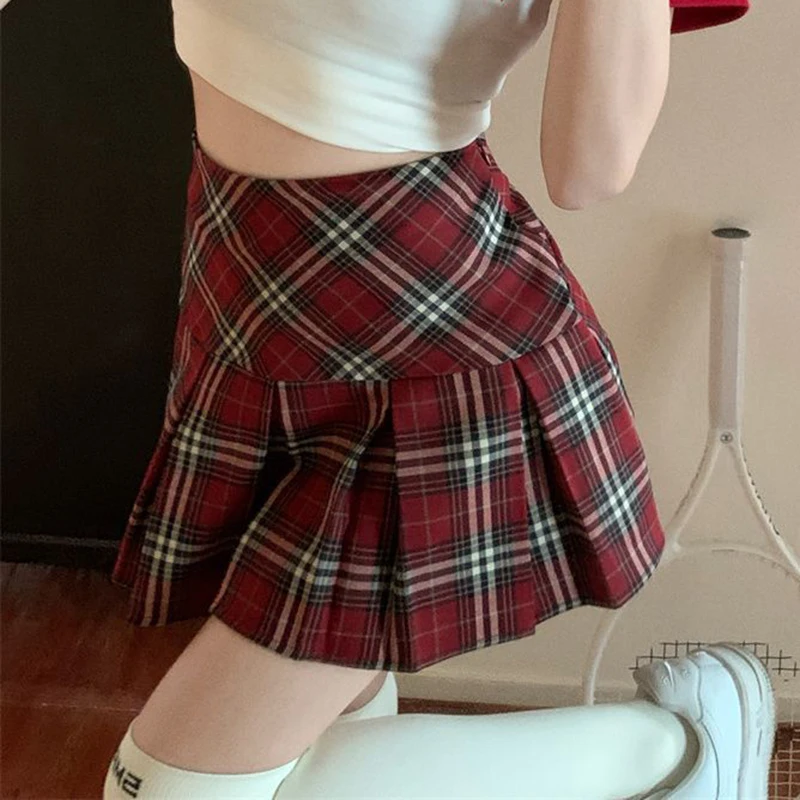 Preppy Plaid Pleated Mini Skirt Women Red Harajuku Kawaii Streetwear Skirt Korean Vintage High Waist Patchwork A-Line Skirt