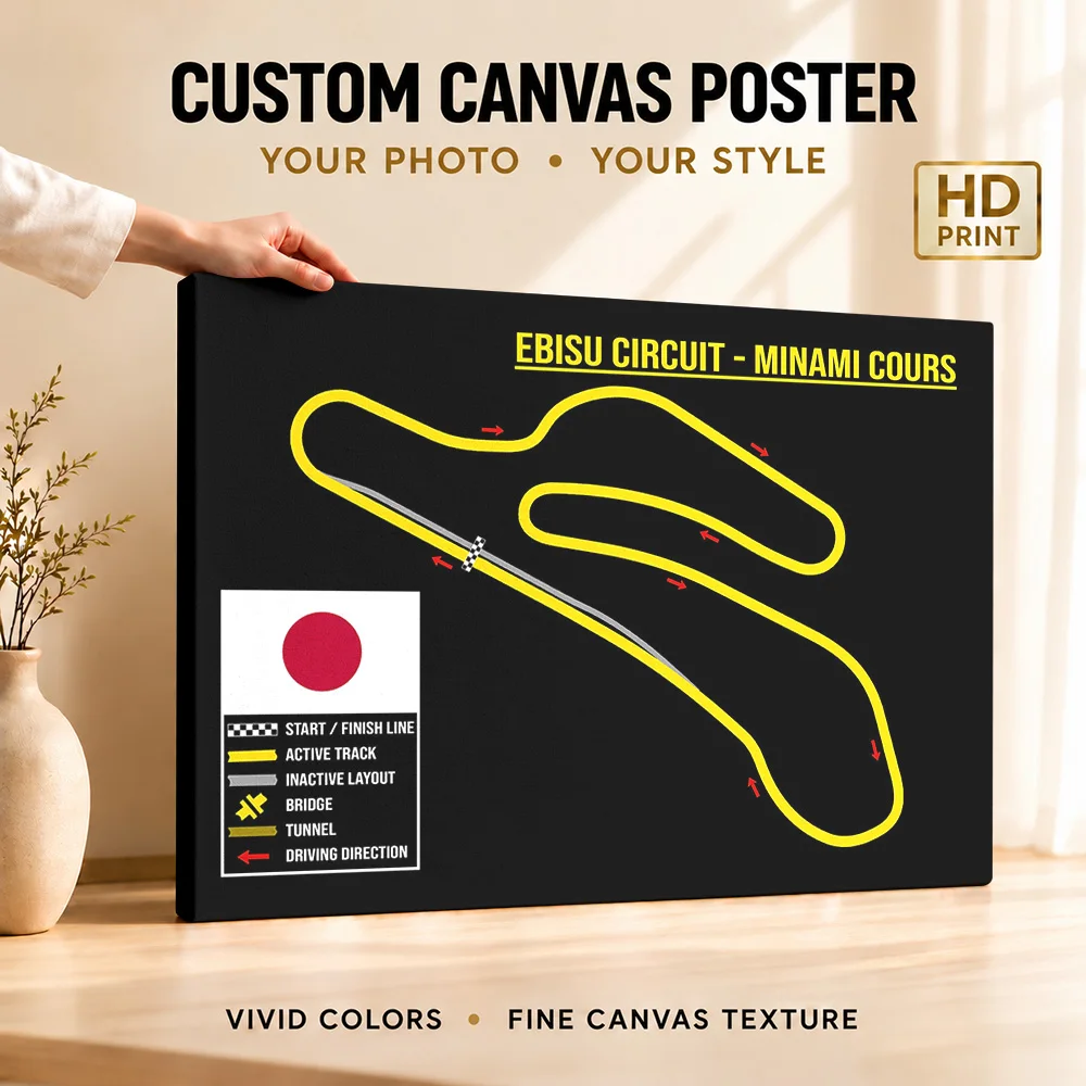 Ebisu Circuit Minami Course Track Map Wood Framed Canvas Poster Customized Photo Annotated Route Linework Wall Art For Study