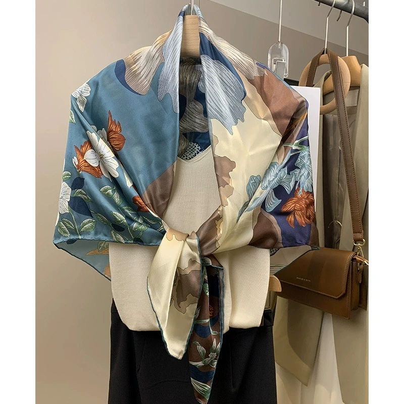 

108CM Floral Square 100% Silk Scarf Women High Quality Silk Large Square Bandana Scarves