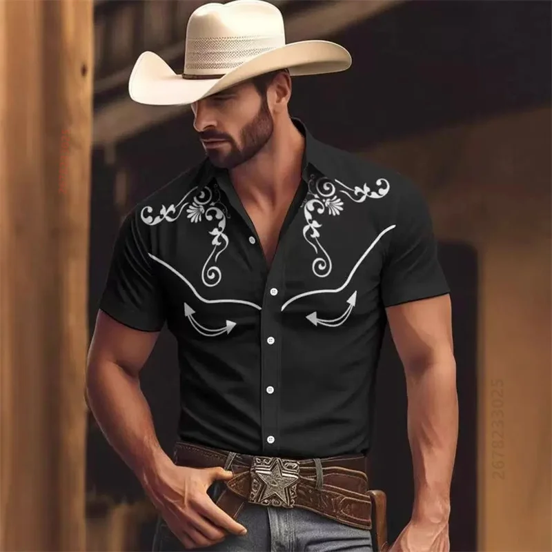 2026 New Men's Summer Western Cowboy Style Short-Sleeve Shirt, Retro Print, Slim Fit, Casual Vacation Shirt, Sizes XS-6XL