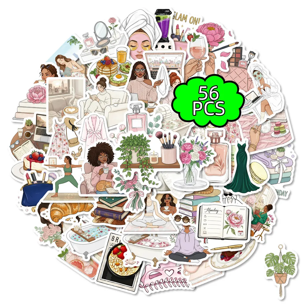 56Pcs Elegant Women Lifestyle Stickers, Skincare Reading Outfit Elements Decals for Journal Planner DIY Giajar Sticker Store